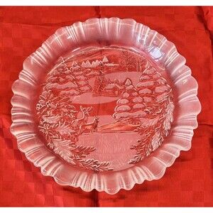 Christmas Winter Scene Plate 9" Clear Deer Tree Studio Nova Bon Bon Serving Dish